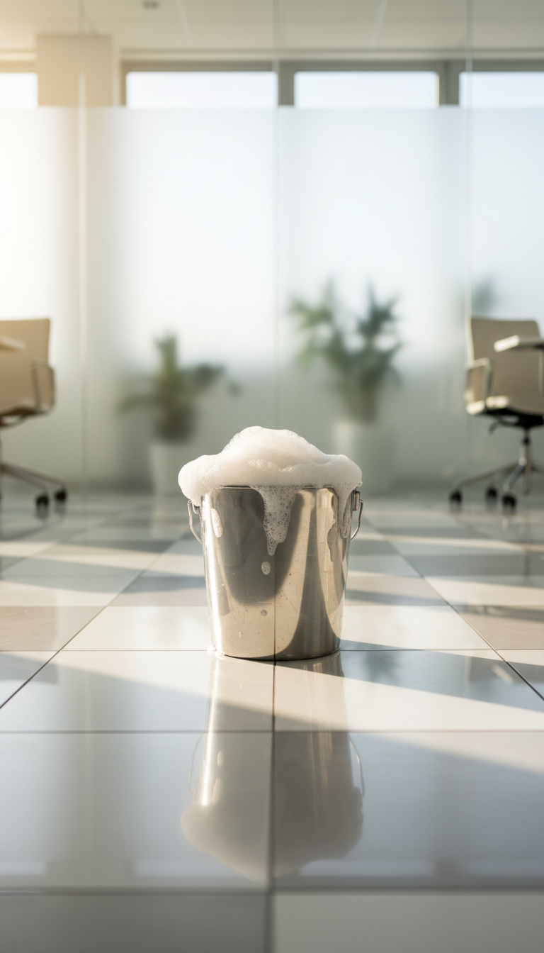 A gleaming, stainless steel bucket filled with sparkling suds sits atop a glossy, freshly-washed tile floor. The bucket’s metallic surface mirrors the pristine, modern workspace around it. Soft morning sunlight streams diagonally across the scene, casting crisp highlights on the steel and creating subtle, clean reflections on the white and gray floor tiles. The setting is a bright, minimalist business environment with subtle hints of greenery in the blurred background. Captured from a slightly elevated, wide-angle perspective, the composition emphasizes tidiness and order. The overall feel is clean, modern, and highly professional, perfectly aligning with a high-standard cleaning company’s image.